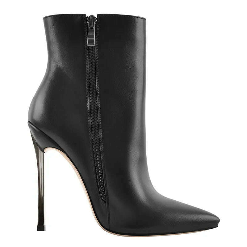 Onlymaker Ankel Boots Women's Poited Toe Metal Thin High Heel Side Zipper Fashion Black Red Winter Warm Booties - KIMLUD