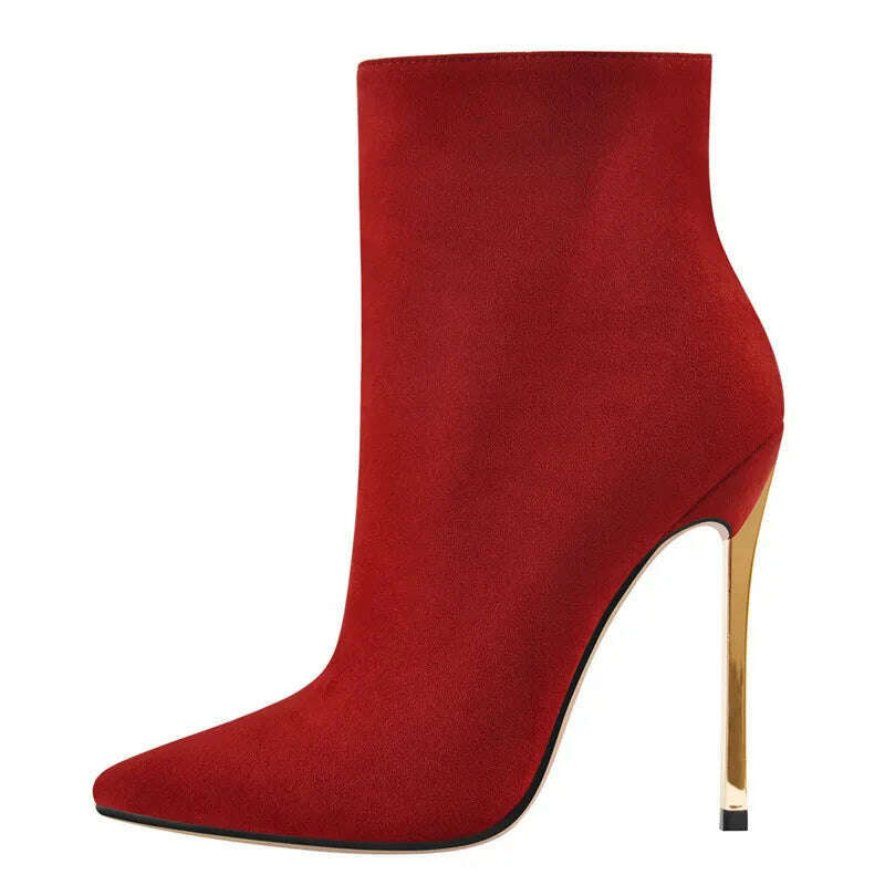 Onlymaker Ankel Boots Women's Poited Toe Metal Thin High Heel Side Zipper Fashion Black Red Winter Warm Booties - KIMLUD