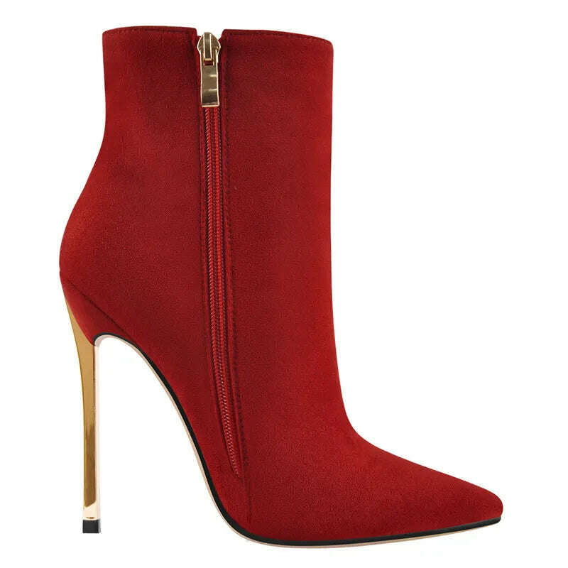 Onlymaker Ankel Boots Women's Poited Toe Metal Thin High Heel Side Zipper Fashion Black Red Winter Warm Booties - KIMLUD