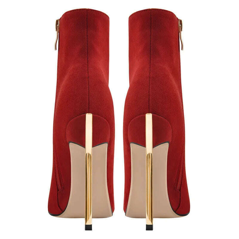 Onlymaker Ankel Boots Women's Poited Toe Metal Thin High Heel Side Zipper Fashion Black Red Winter Warm Booties - KIMLUD