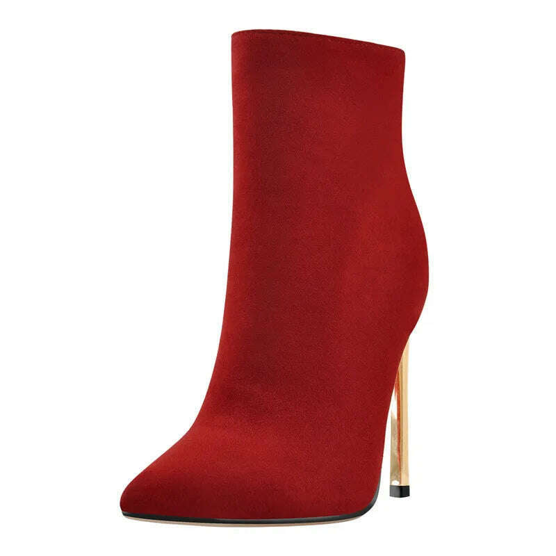 Onlymaker Ankel Boots Women's Poited Toe Metal Thin High Heel Side Zipper Fashion Black Red Winter Warm Booties - KIMLUD