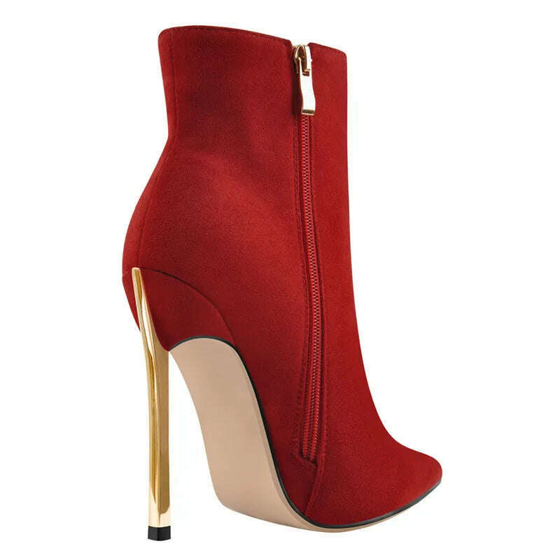Onlymaker Ankel Boots Women's Poited Toe Metal Thin High Heel Side Zipper Fashion Black Red Winter Warm Booties - KIMLUD