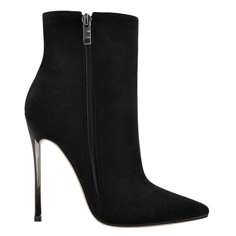 Onlymaker Ankel Boots Women's Poited Toe Metal Thin High Heel Side Zipper Fashion Black Red Winter Warm Booties - KIMLUD