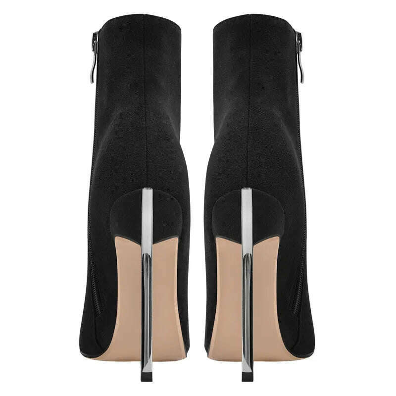 Onlymaker Ankel Boots Women's Poited Toe Metal Thin High Heel Side Zipper Fashion Black Red Winter Warm Booties - KIMLUD