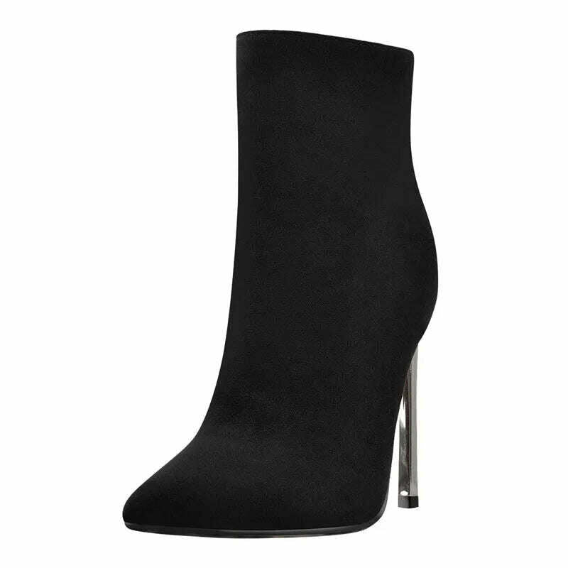 Onlymaker Ankel Boots Women's Poited Toe Metal Thin High Heel Side Zipper Fashion Black Red Winter Warm Booties - KIMLUD