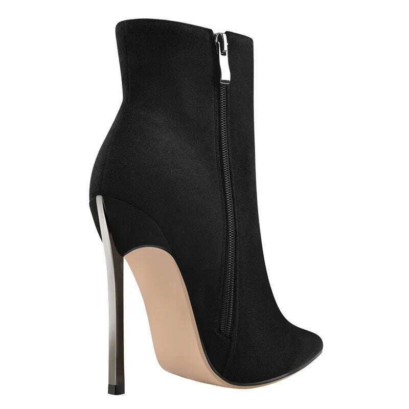 Onlymaker Ankel Boots Women's Poited Toe Metal Thin High Heel Side Zipper Fashion Black Red Winter Warm Booties - KIMLUD