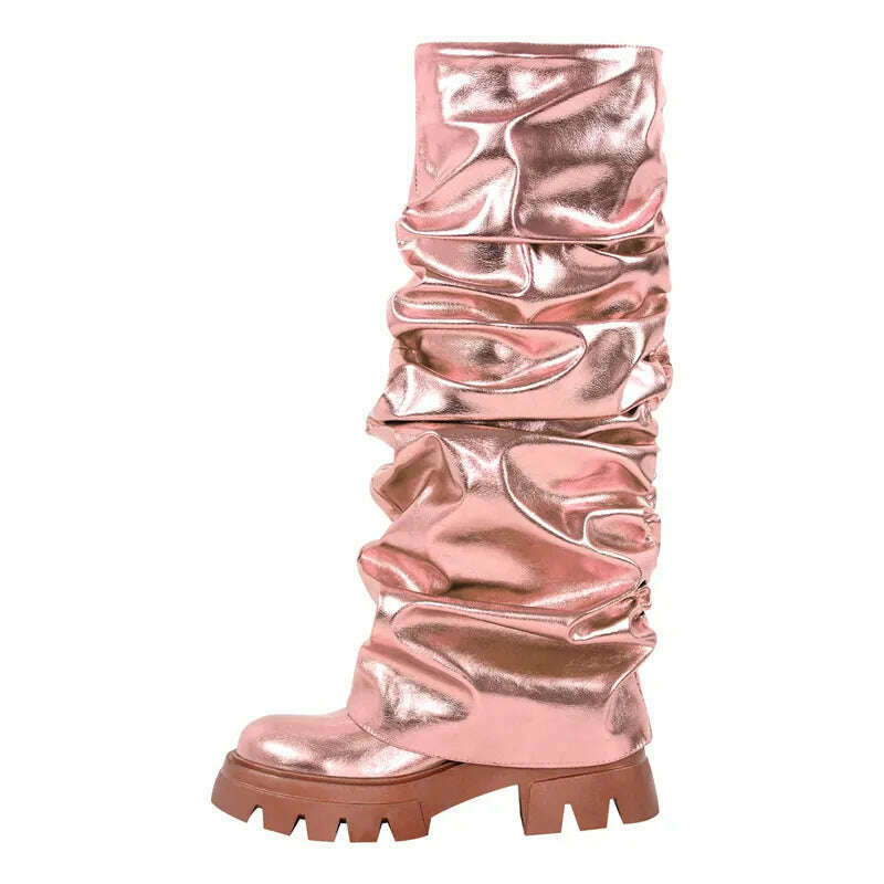 Onlymaker Women Green Round Toe Fold Over Boots Webs Fashion Handmade Female Mid-Calf Boots - KIMLUD