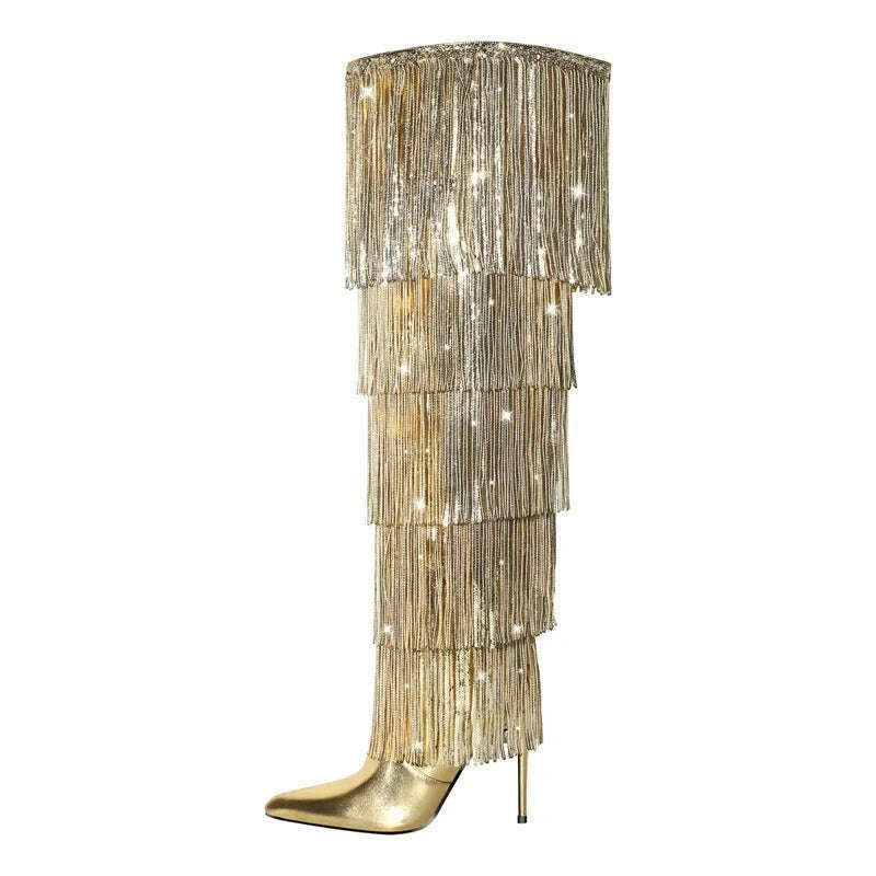 Onlymaker Women Pointed Toe Gold Fringe Metallic Slim Over The Knee Boots Stiletto Sexy Dance Thigh Boots - KIMLUD