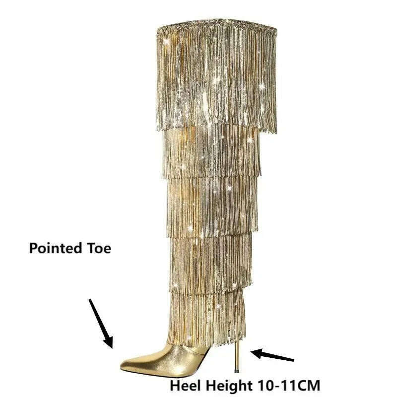 Onlymaker Women Pointed Toe Gold Fringe Metallic Slim Over The Knee Boots Stiletto Sexy Dance Thigh Boots - KIMLUD
