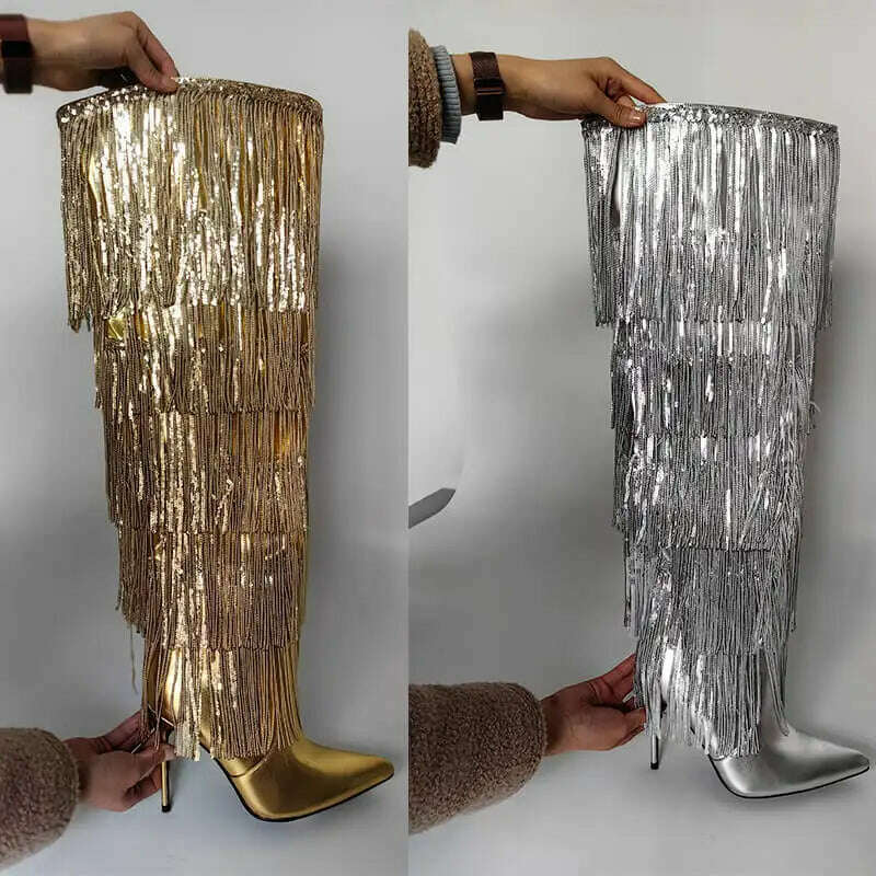 Onlymaker Women Pointed Toe Gold Fringe Metallic Slim Over The Knee Boots Stiletto Sexy Dance Thigh Boots - KIMLUD