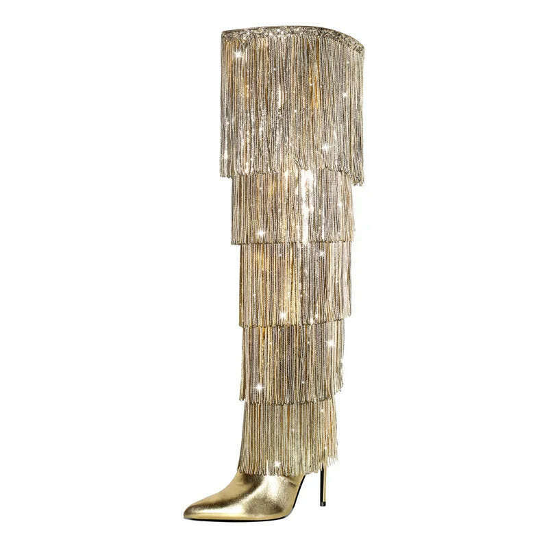 Onlymaker Women Pointed Toe Gold Fringe Metallic Slim Over The Knee Boots Stiletto Sexy Dance Thigh Boots - KIMLUD