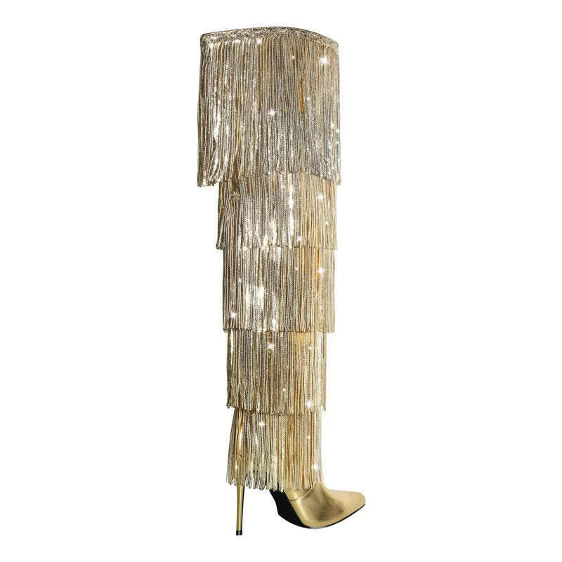 Onlymaker Women Pointed Toe Gold Fringe Metallic Slim Over The Knee Boots Stiletto Sexy Dance Thigh Boots - KIMLUD