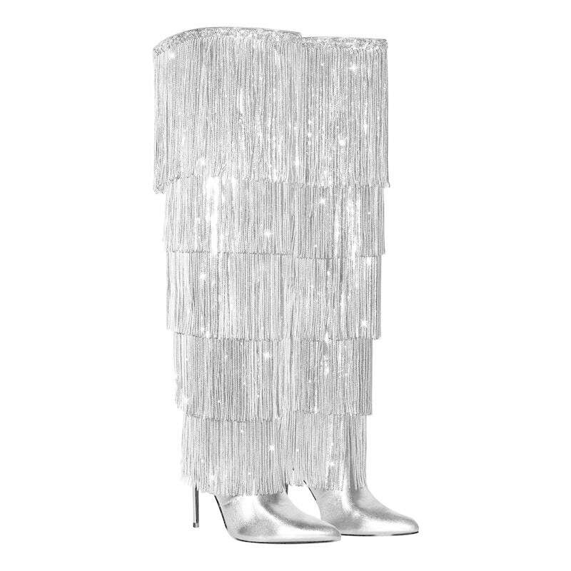 Onlymaker Women Pointed Toe Gold Fringe Metallic Slim Over The Knee Boots Stiletto Sexy Dance Thigh Boots - KIMLUD