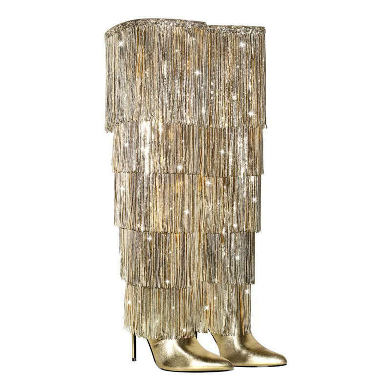 Onlymaker Women Pointed Toe Gold Fringe Metallic Slim Over The Knee Boots Stiletto Sexy Dance Thigh Boots - KIMLUD