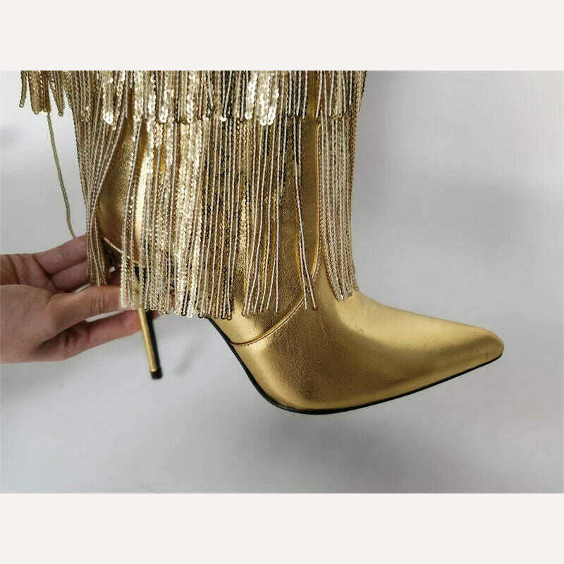 Onlymaker Women Pointed Toe Gold Fringe Metallic Slim Over The Knee Boots Stiletto Sexy Dance Thigh Boots - KIMLUD