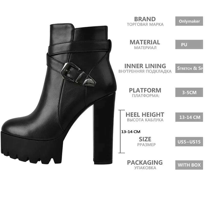 Onlymaker Women's Matte Black Platform Chunky High Heel Side Zip Ankle Boots Plus Size Boots - KIMLUD
