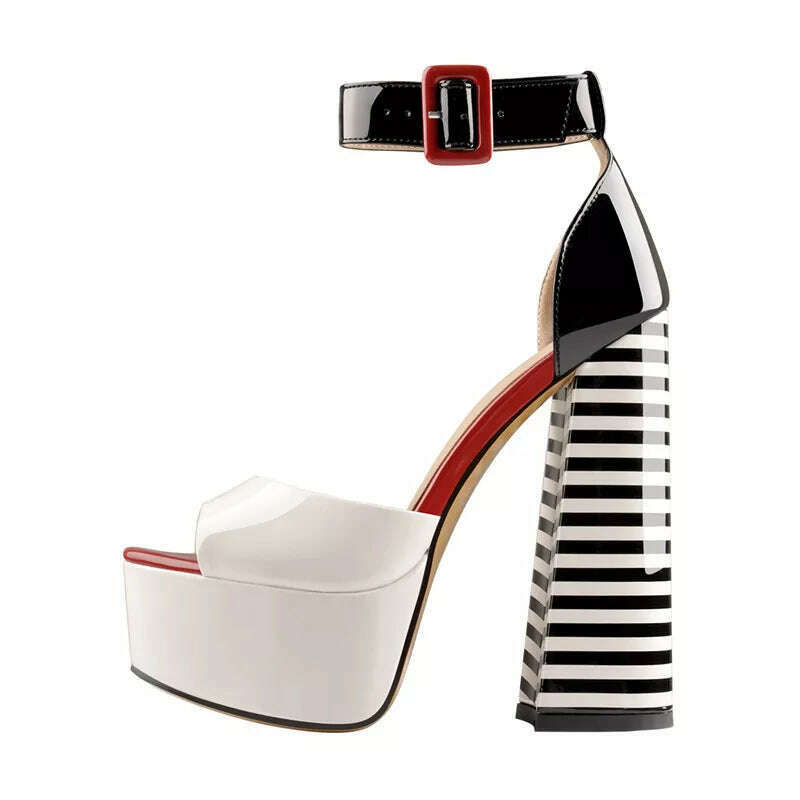 Onlymaker Women's Sandals Platform Peep Toe Chunky Square Heels Ankle Strap Sandals Black And White Stripes Party Fashion Shoes - KIMLUD