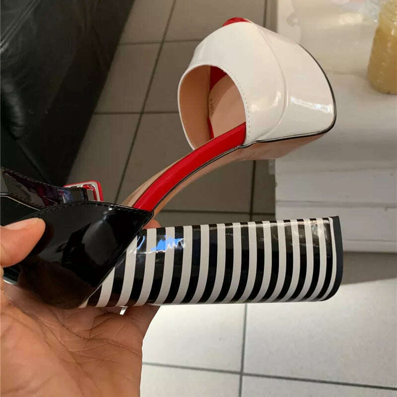Onlymaker Women's Sandals Platform Peep Toe Chunky Square Heels Ankle Strap Sandals Black And White Stripes Party Fashion Shoes - KIMLUD