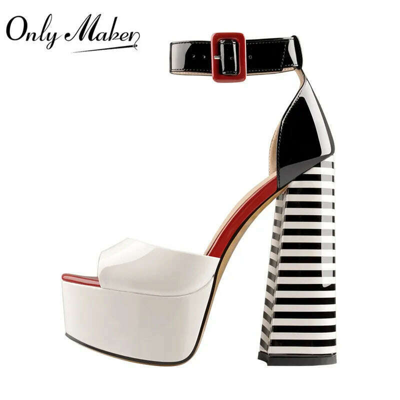 Onlymaker Women's Sandals Platform Peep Toe Chunky Square Heels Ankle Strap Sandals Black And White Stripes Party Fashion Shoes - KIMLUD
