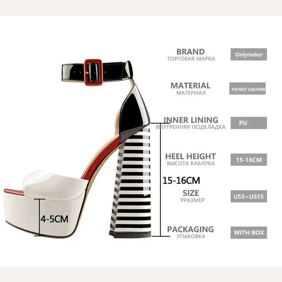 Onlymaker Women's Sandals Platform Peep Toe Chunky Square Heels Ankle Strap Sandals Black And White Stripes Party Fashion Shoes - KIMLUD