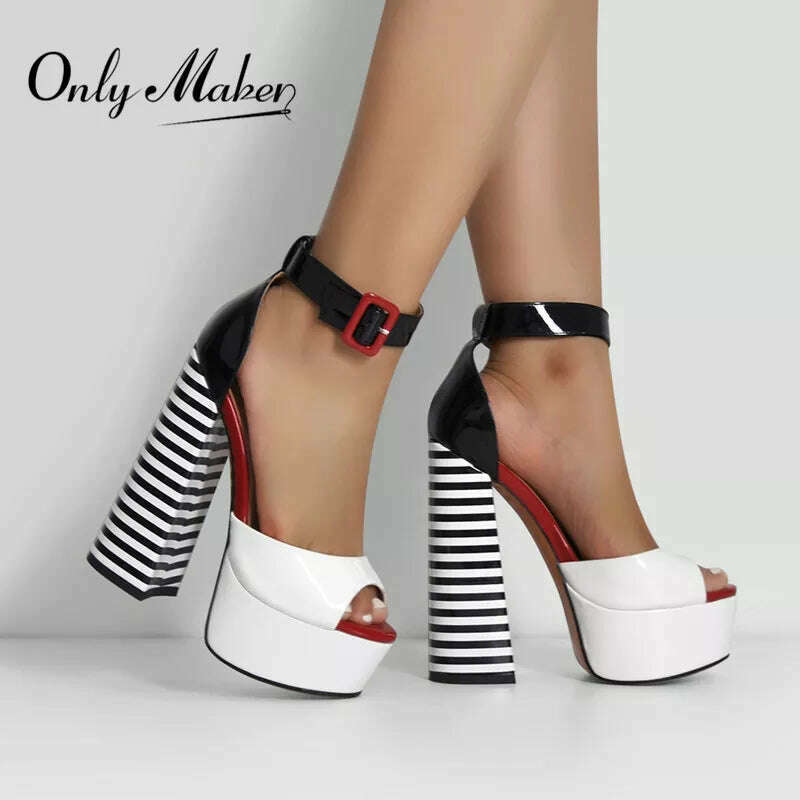 Onlymaker Women's Sandals Platform Peep Toe Chunky Square Heels Ankle Strap Sandals Black And White Stripes Party Fashion Shoes - KIMLUD