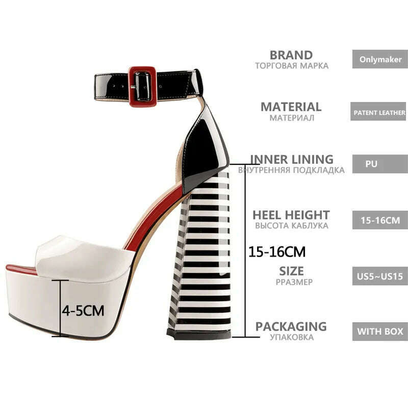 Onlymaker Women's Sandals Platform Peep Toe Chunky Square Heels Ankle Strap Sandals Black And White Stripes Party Fashion Shoes - KIMLUD