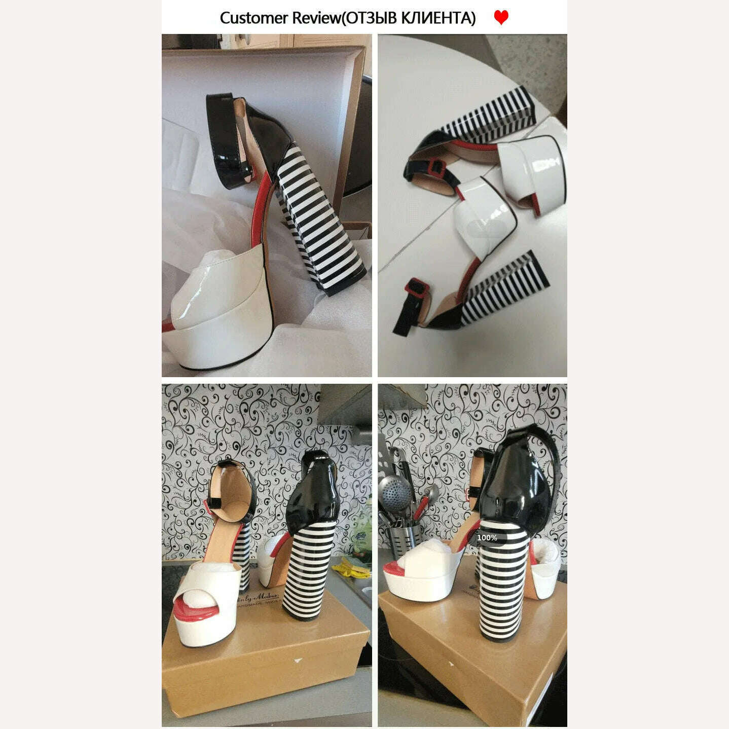 Onlymaker Women's Sandals Platform Peep Toe Chunky Square Heels Ankle Strap Sandals Black And White Stripes Party Fashion Shoes - KIMLUD
