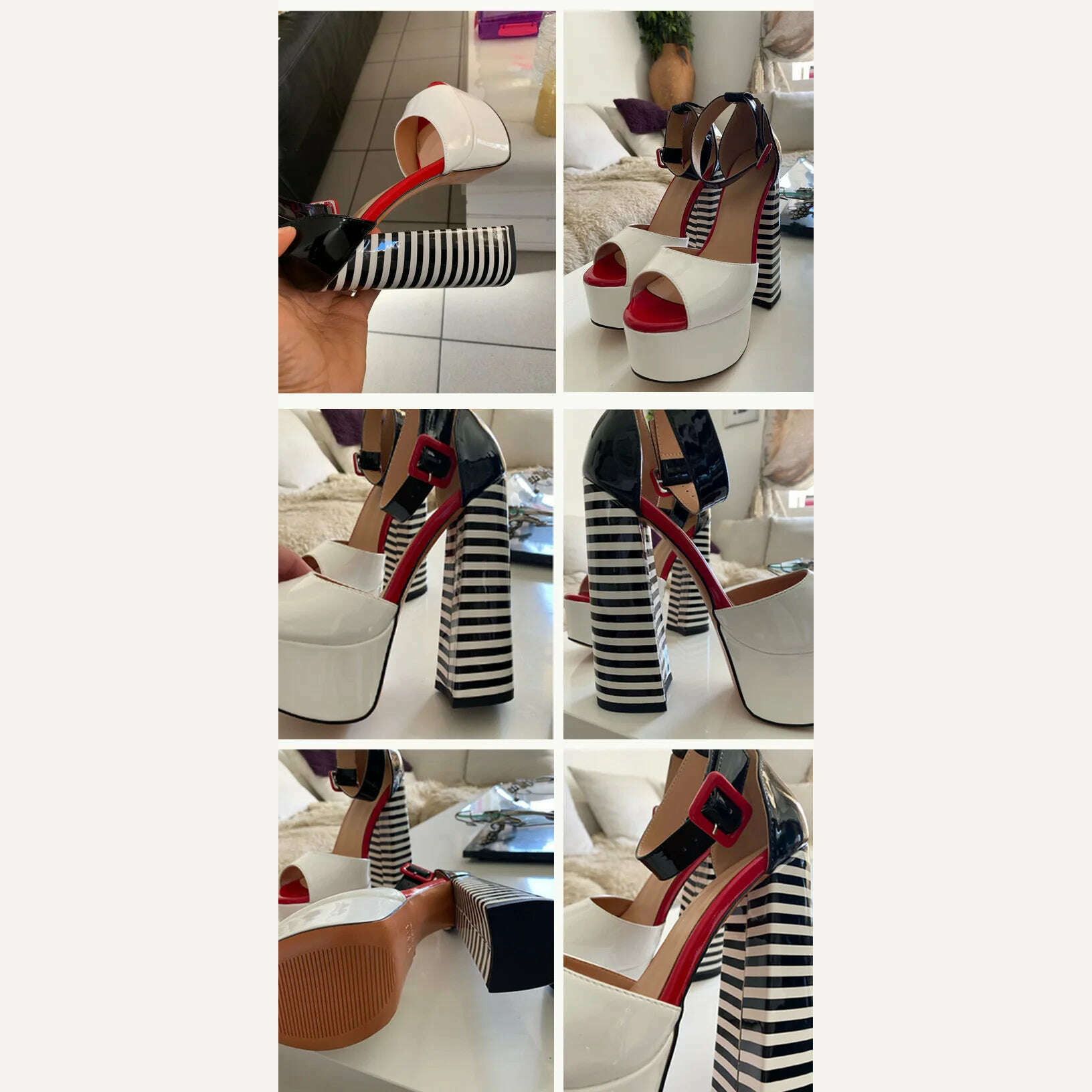 Onlymaker Women's Sandals Platform Peep Toe Chunky Square Heels Ankle Strap Sandals Black And White Stripes Party Fashion Shoes - KIMLUD