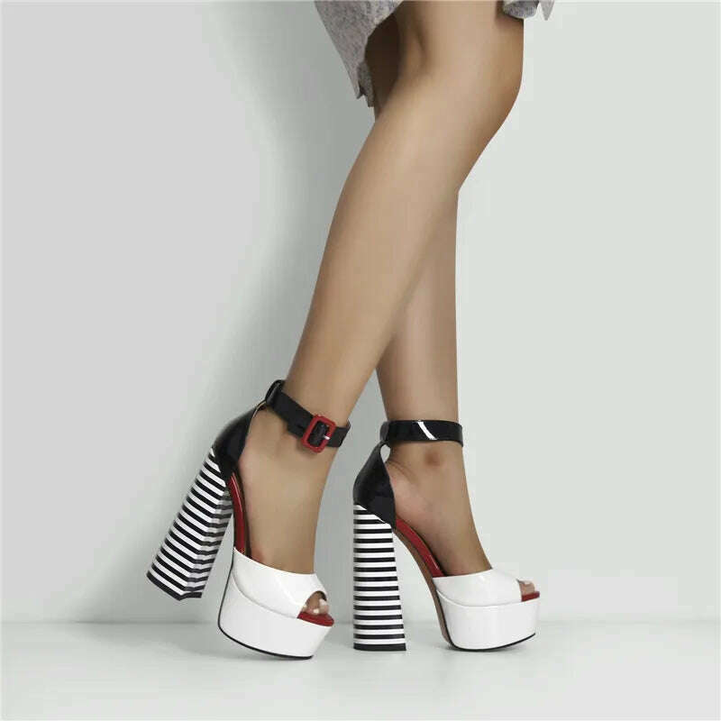 Onlymaker Women's Sandals Platform Peep Toe Chunky Square Heels Ankle Strap Sandals Black And White Stripes Party Fashion Shoes - KIMLUD
