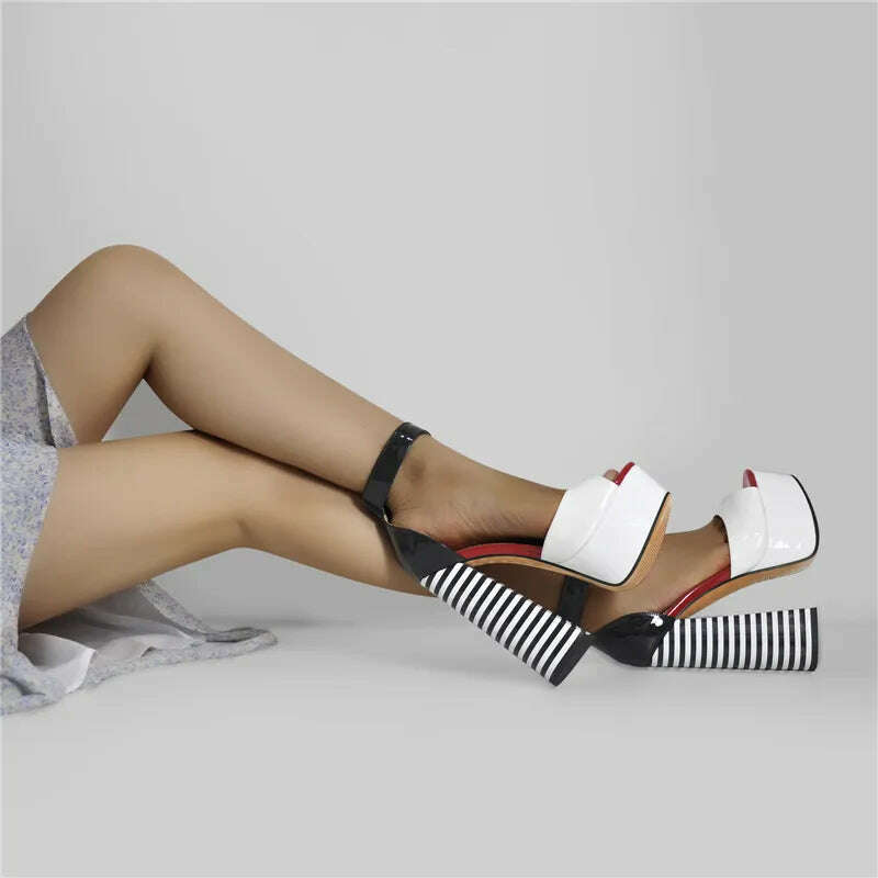 Onlymaker Women's Sandals Platform Peep Toe Chunky Square Heels Ankle Strap Sandals Black And White Stripes Party Fashion Shoes - KIMLUD
