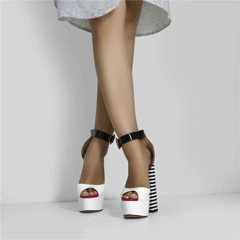Onlymaker Women's Sandals Platform Peep Toe Chunky Square Heels Ankle Strap Sandals Black And White Stripes Party Fashion Shoes - KIMLUD