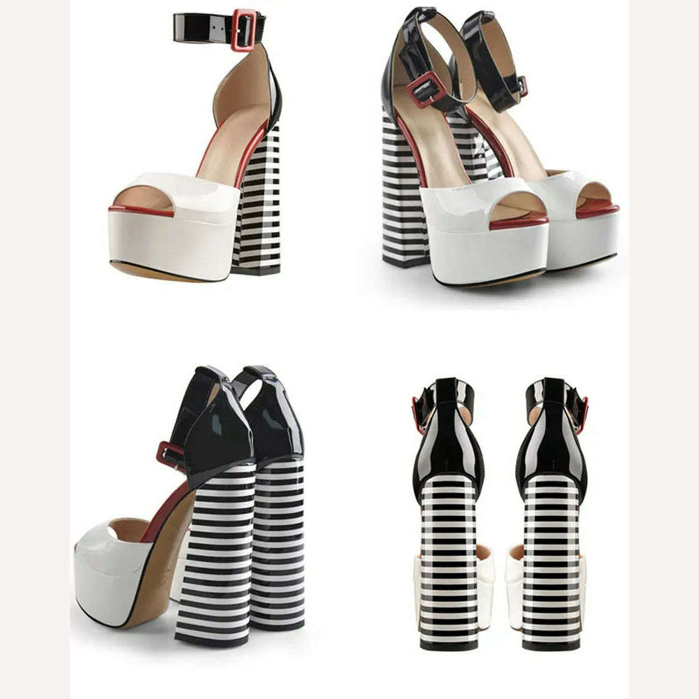 Onlymaker Women's Sandals Platform Peep Toe Chunky Square Heels Ankle Strap Sandals Black And White Stripes Party Fashion Shoes - KIMLUD