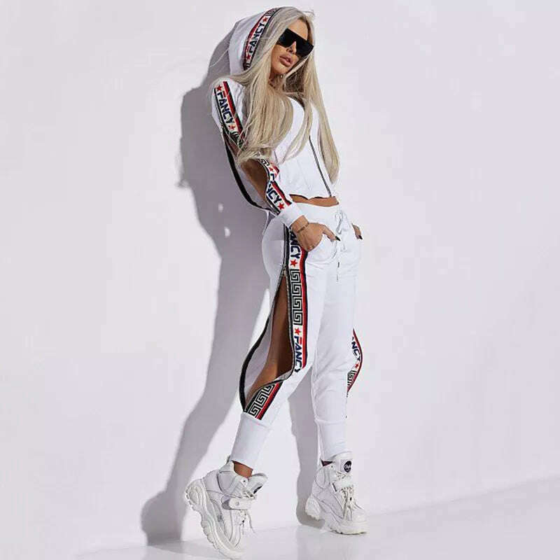 Oshoplive Split-Side Hooded Jackets&Pants Suits Casual Letter Print 2 Piece Set Women Zipper Gym Set Women Leisure Sportswear - KIMLUD