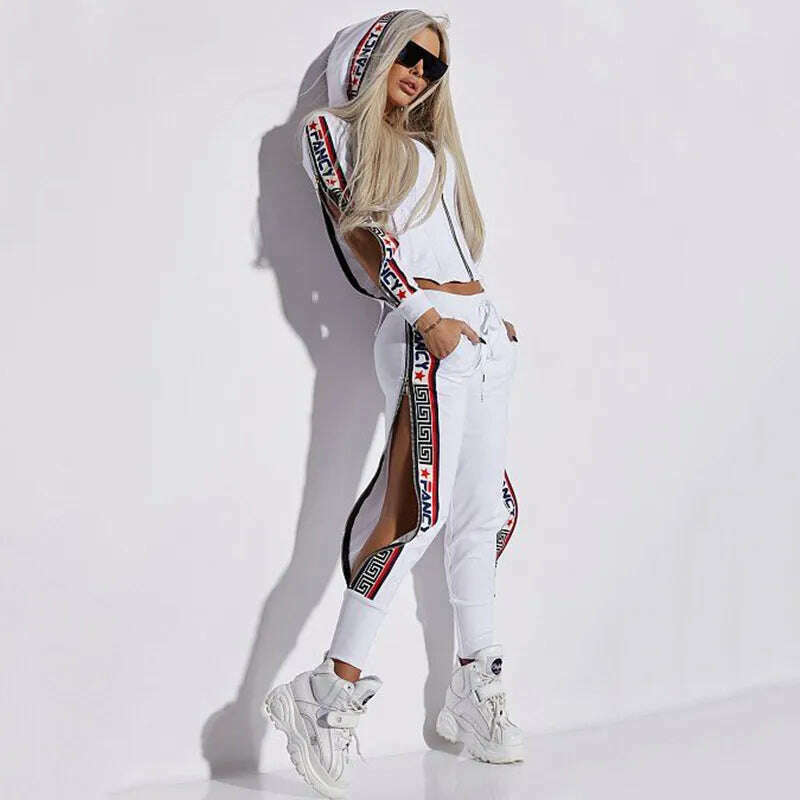 Oshoplive Split-Side Hooded Jackets&Pants Suits Casual Letter Print 2 Piece Set Women Zipper Gym Set Women Leisure Sportswear - KIMLUD