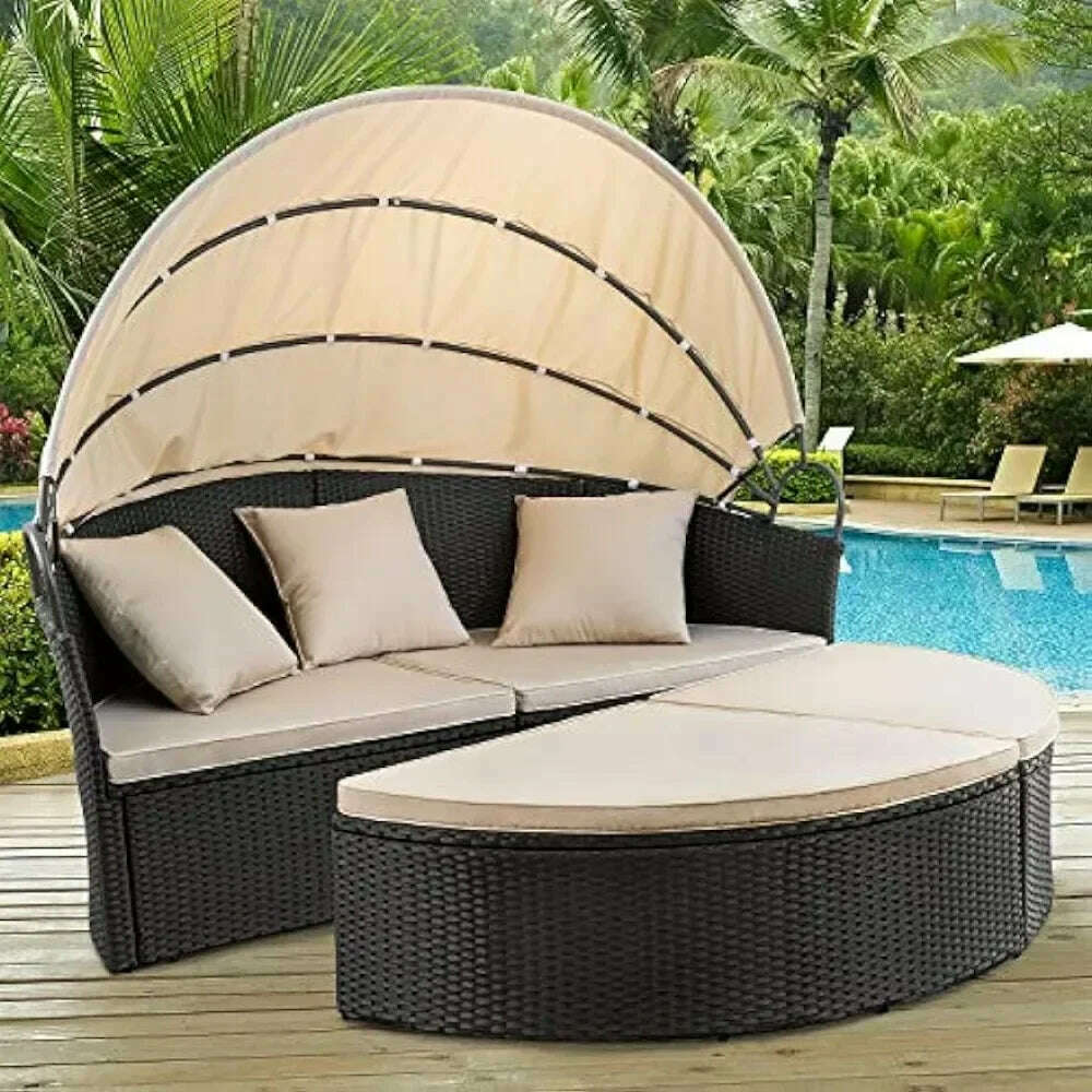 KIMLUD, Outdoor Round Garden Sofas Canopy Wicker Rattan Separated Seating Sectional Sofa for Patio Lawn Garden Sofas, Beige / United States, KIMLUD Womens Clothes