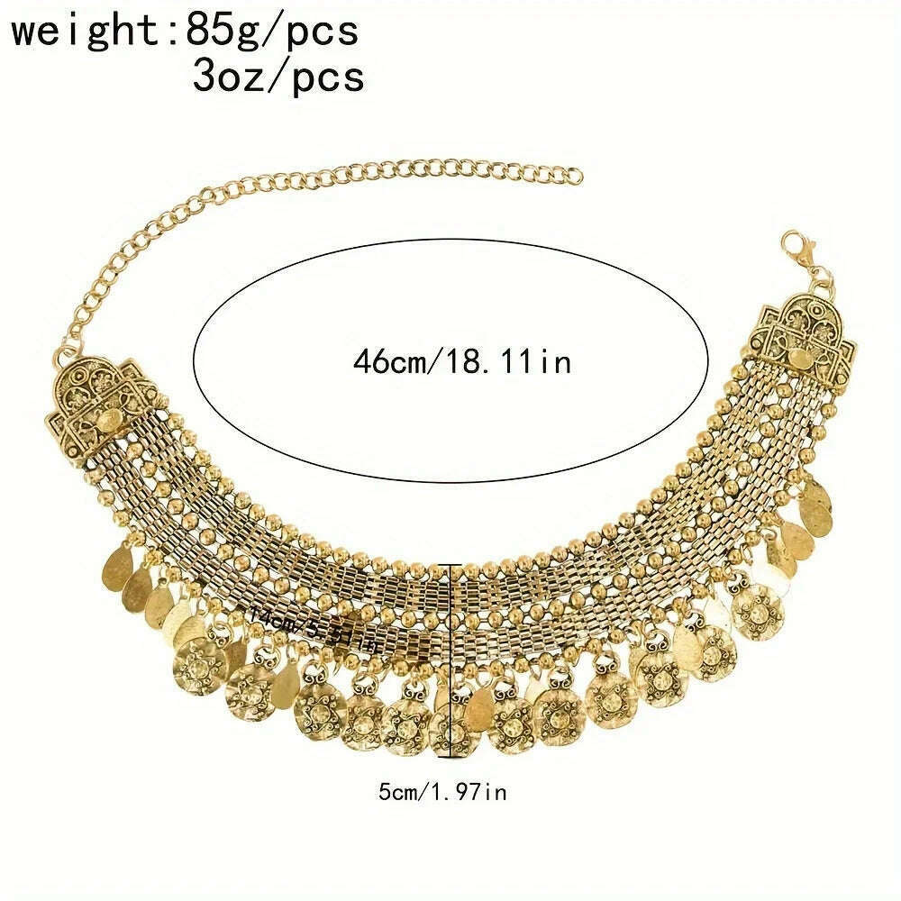 Pakistan Turkish Ethnic Coin Choker Necklace Earrings for Women Vintage Gypsy Indian Afghan Dress Collar Statement Jewelry Sets - KIMLUD