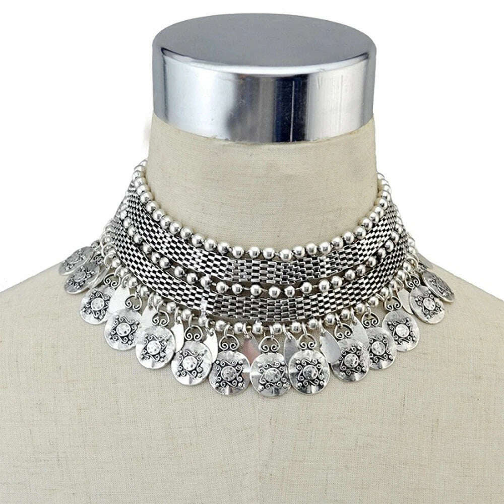 Pakistan Turkish Ethnic Coin Choker Necklace Earrings for Women Vintage Gypsy Indian Afghan Dress Collar Statement Jewelry Sets - KIMLUD