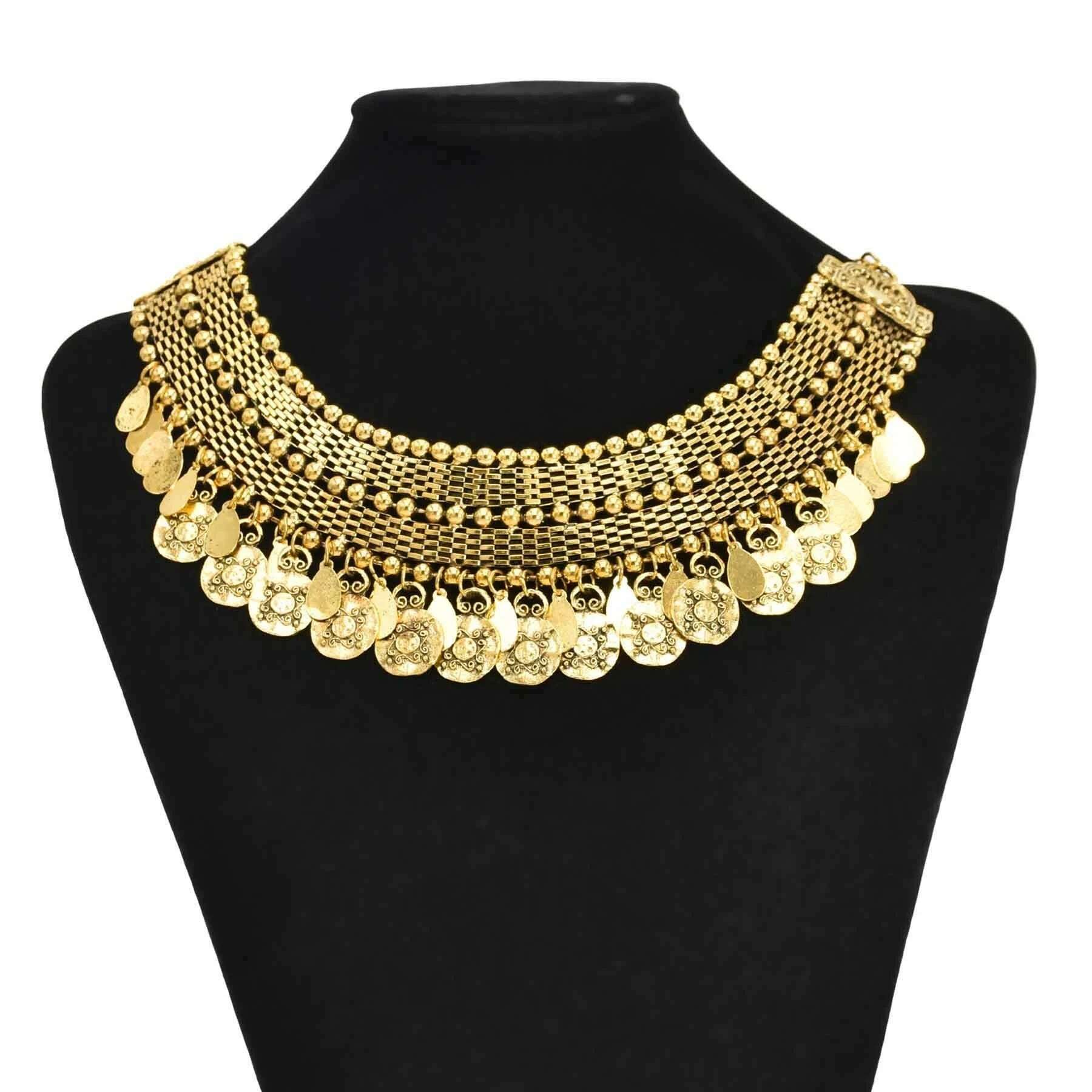 Pakistan Turkish Ethnic Coin Choker Necklace Earrings for Women Vintage Gypsy Indian Afghan Dress Collar Statement Jewelry Sets - KIMLUD