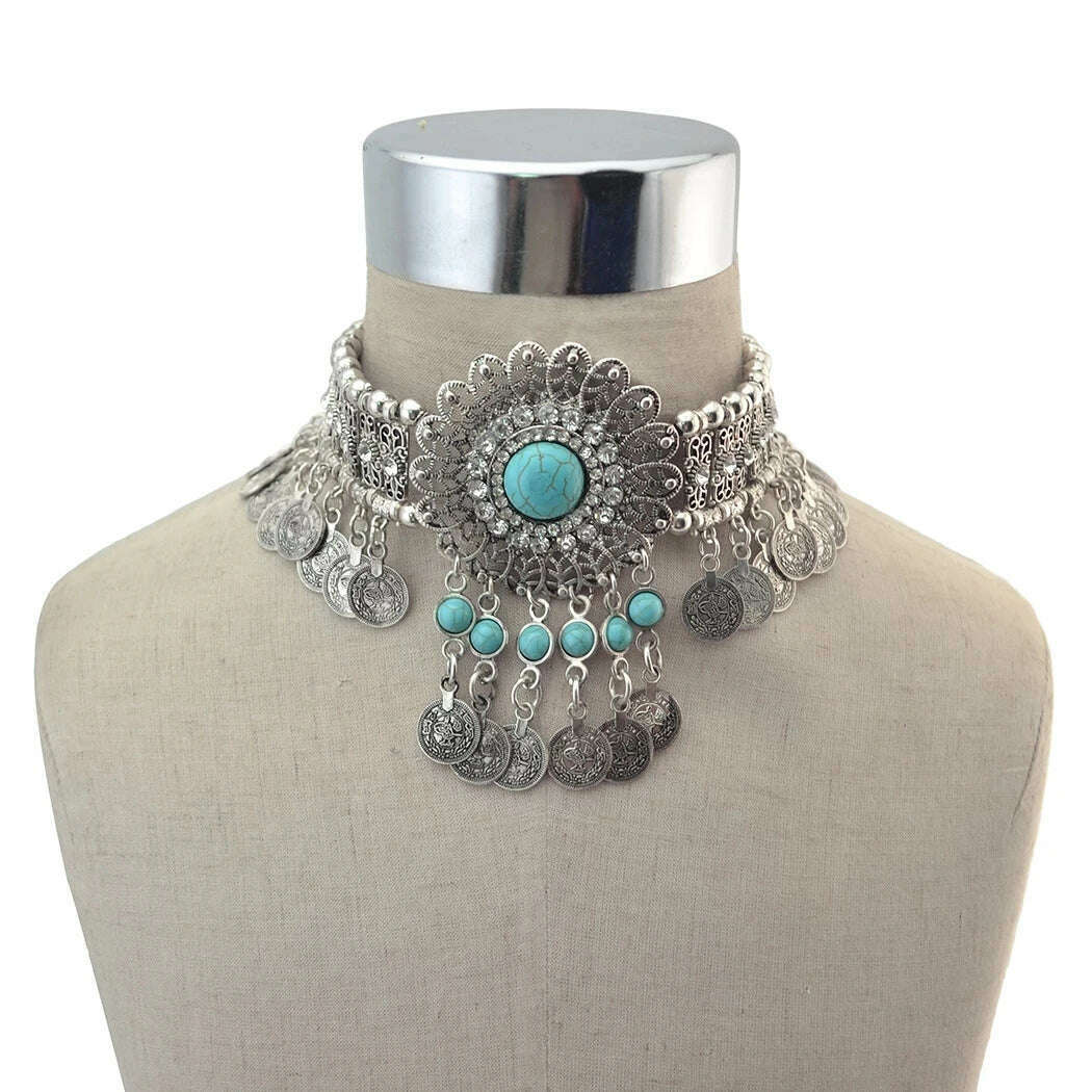Pakistan Turkish Ethnic Coin Choker Necklace Earrings for Women Vintage Gypsy Indian Afghan Dress Collar Statement Jewelry Sets - KIMLUD