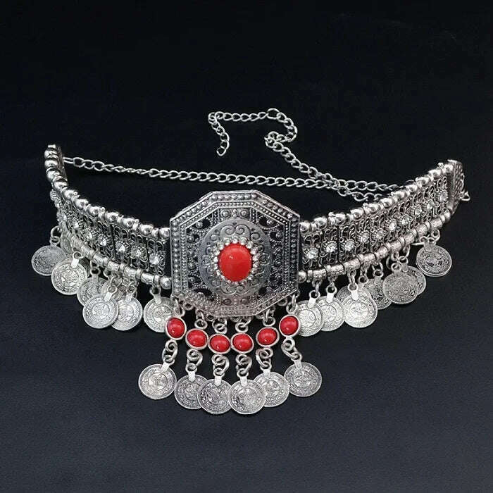 Pakistan Turkish Ethnic Coin Choker Necklace Earrings for Women Vintage Gypsy Indian Afghan Dress Collar Statement Jewelry Sets - KIMLUD