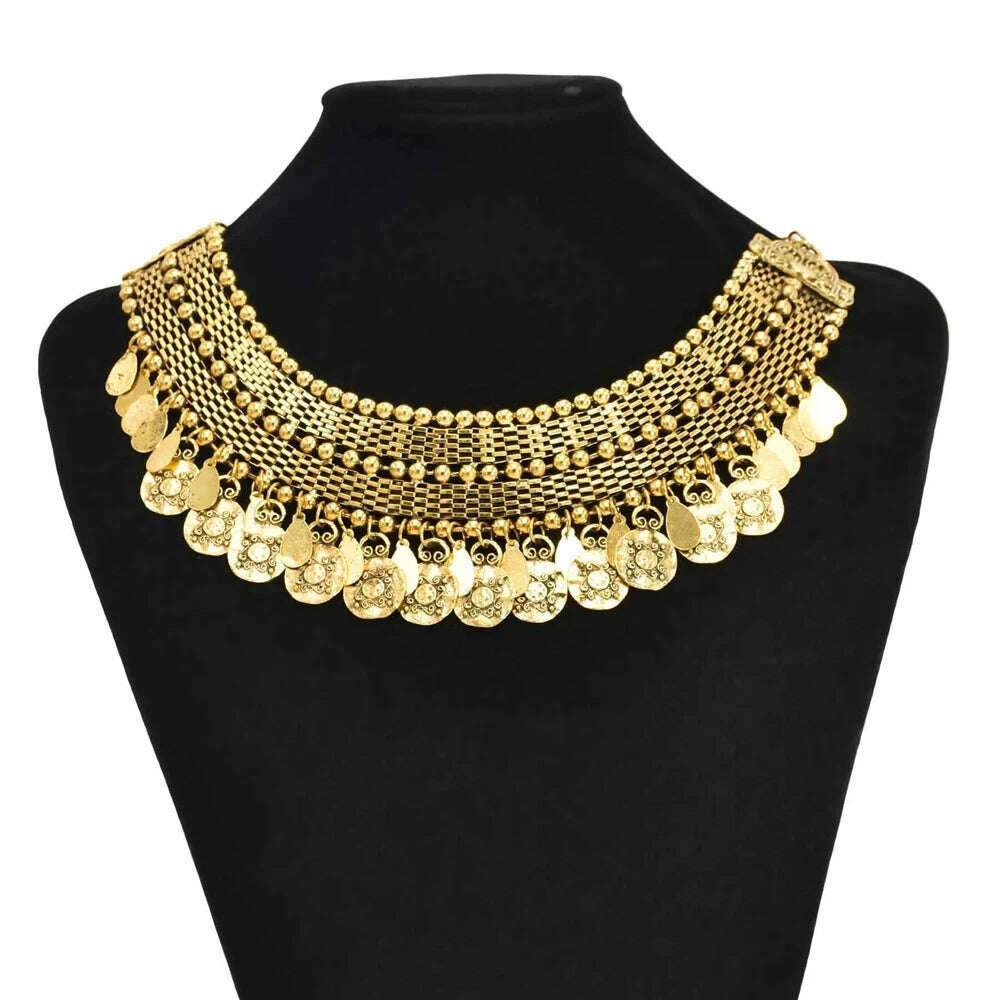 Pakistan Turkish Ethnic Coin Choker Necklace Earrings for Women Vintage Gypsy Indian Afghan Dress Collar Statement Jewelry Sets - KIMLUD