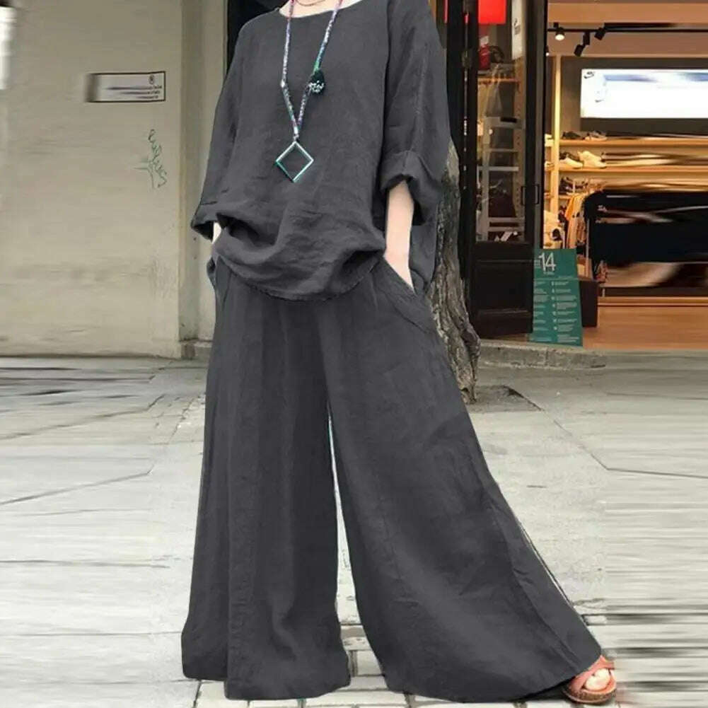 KIMLUD, pant sets Spring Suit Stylish Women's Cotton Linen Suit Set Long Sleeve Shirt Wide Leg Trousers for Spring Summer Autumn Casual, KIMLUD Womens Clothes