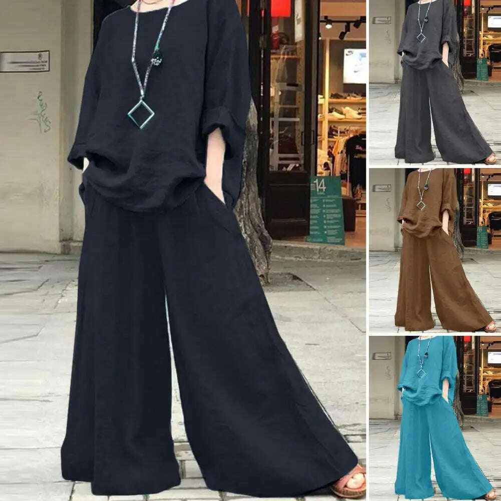KIMLUD, pant sets Spring Suit Stylish Women's Cotton Linen Suit Set Long Sleeve Shirt Wide Leg Trousers for Spring Summer Autumn Casual, KIMLUD Womens Clothes