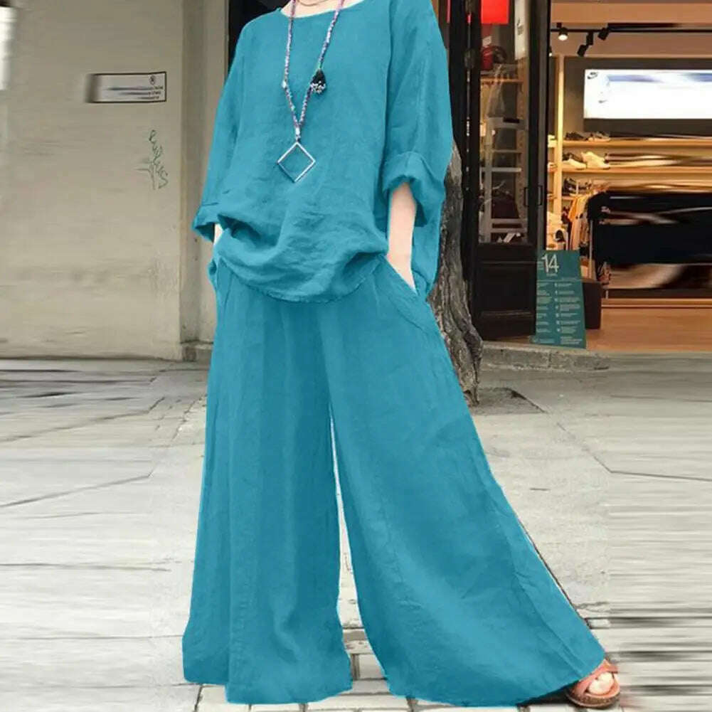KIMLUD, pant sets Spring Suit Stylish Women's Cotton Linen Suit Set Long Sleeve Shirt Wide Leg Trousers for Spring Summer Autumn Casual, KIMLUD Womens Clothes