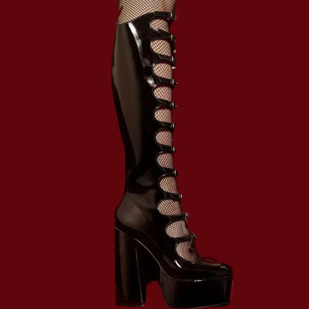 Patent Leather Buckles Design Hollow Boots For Female Women 2022 Platform Sqaure Heel Knee-high Solid Fashion Sexy Party Shoes - KIMLUD