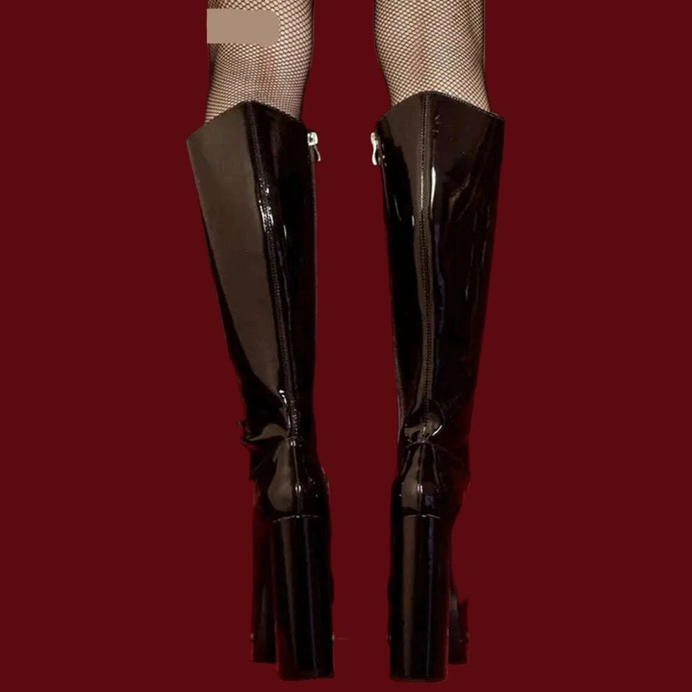 Patent Leather Buckles Design Hollow Boots For Female Women 2022 Platform Sqaure Heel Knee-high Solid Fashion Sexy Party Shoes - KIMLUD