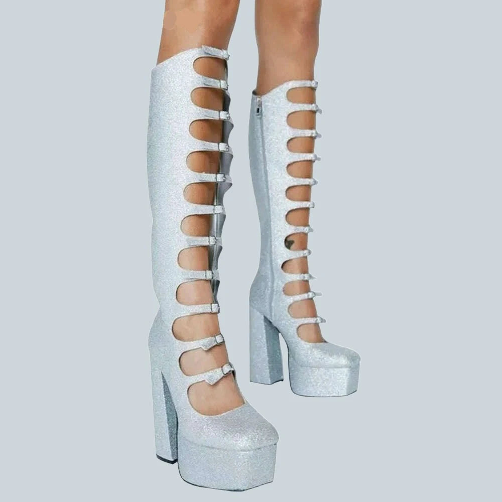 Patent Leather Buckles Design Hollow Boots For Female Women 2022 Platform Sqaure Heel Knee-high Solid Fashion Sexy Party Shoes - KIMLUD
