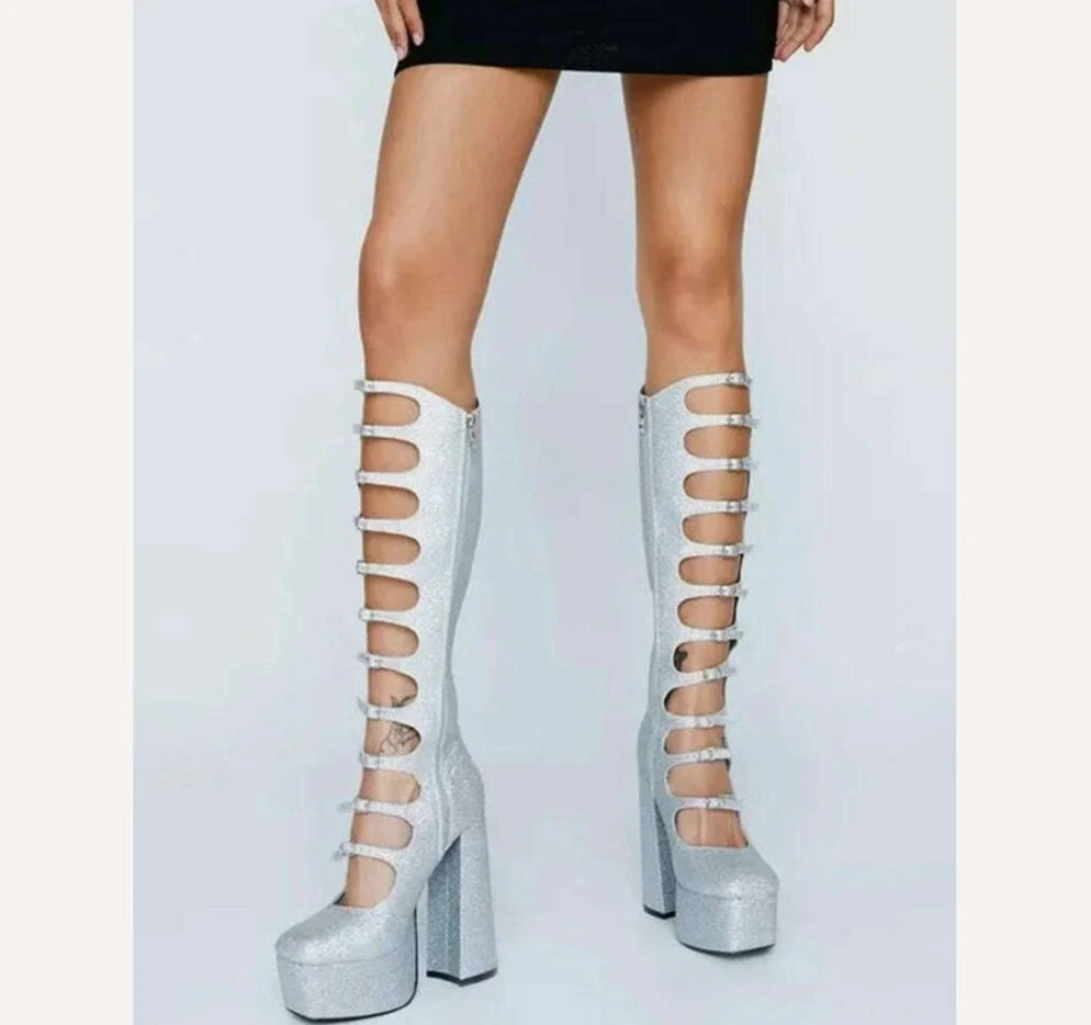 Patent Leather Buckles Design Hollow Boots For Female Women 2022 Platform Sqaure Heel Knee-high Solid Fashion Sexy Party Shoes - KIMLUD