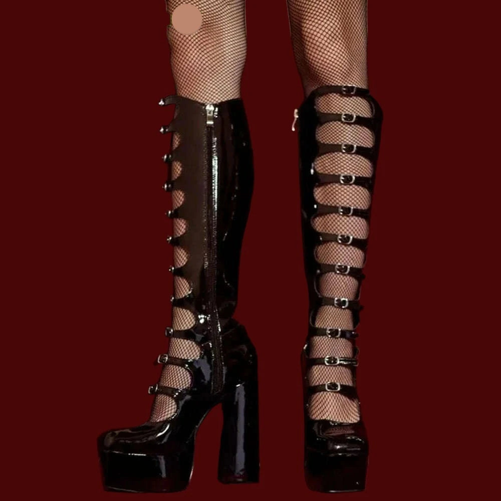Patent Leather Buckles Design Hollow Boots For Female Women 2022 Platform Sqaure Heel Knee-high Solid Fashion Sexy Party Shoes - KIMLUD