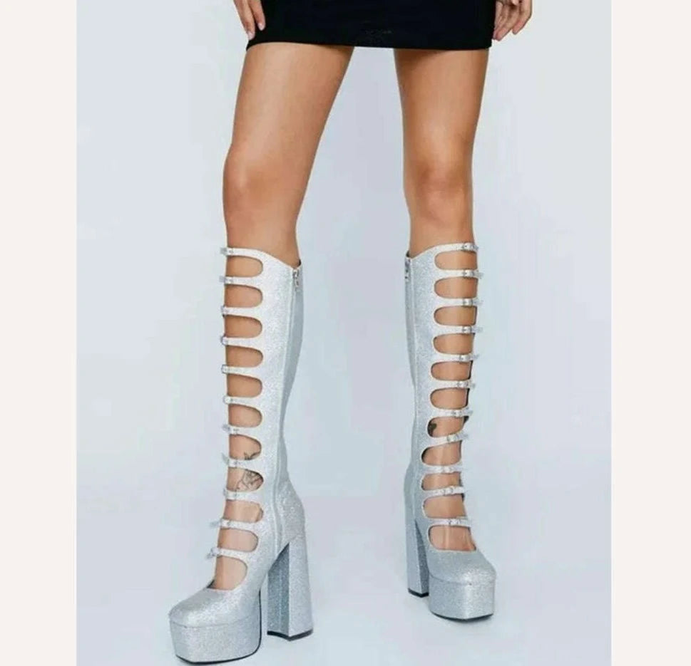 Patent Leather Buckles Design Hollow Boots For Female Women 2022 Platform Sqaure Heel Knee-high Solid Fashion Sexy Party Shoes - KIMLUD